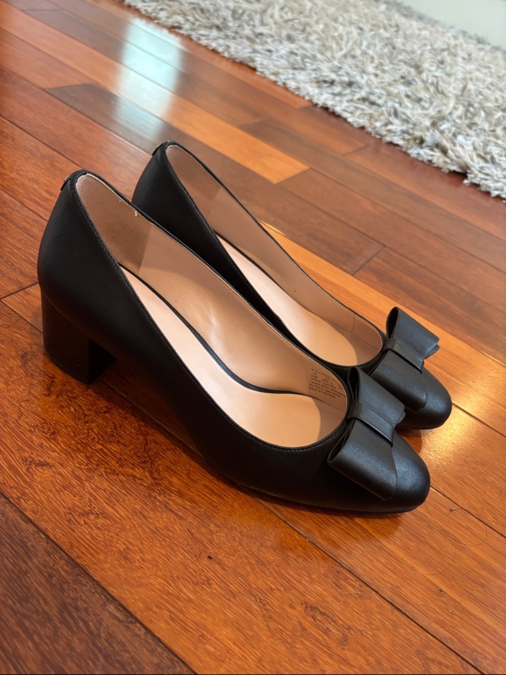 kate spade Black Leather Block Heel Pumps with Bow Accent